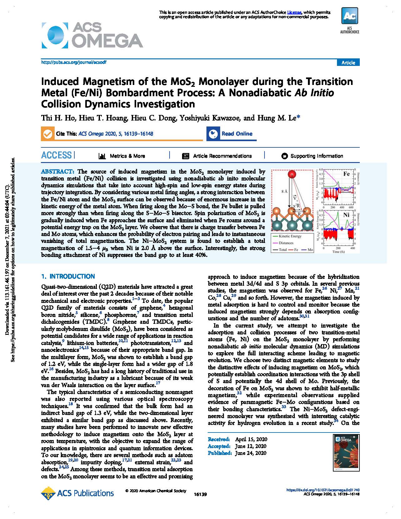 Induced Magnetism of the MoS2 Monolayer during the Transition Metal (Fe/Ni) Bombardment Process: A Nonadiabatic Ab Initio Collision Dynamics Investigation